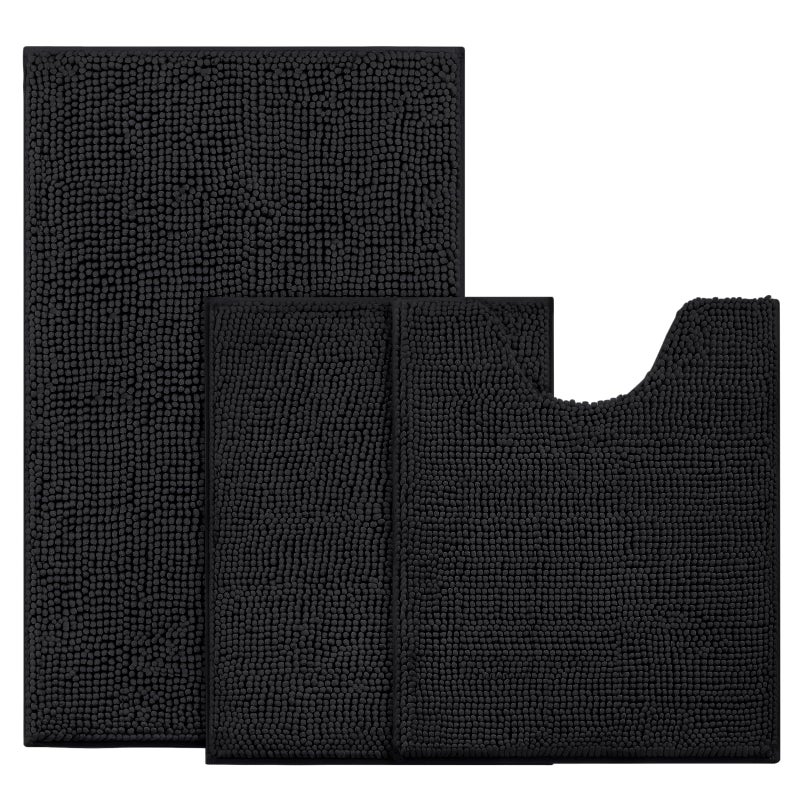 BYSURE Black Bathroom Rugs Sets 3 Piece Non Slip Extra Absorbent Plush Chenille Soft Washable Bath Mats - Image 1